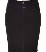 With a sexy, figure-hugging fit, Closed updates the classic jean skirt with a pencil silhouette and a downtown attitude - Five-pocket styling, off-seam pockets, logo detail at fly, back slit, fitted - Wear with a billowy boho-inspired top, wedge sandals, and a statement satchel