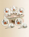 This heirloom quality children's set features Flopsy Mopsy, Cottontail, Peter and their watchful mom. Each porcelain piece is hand-embellished in 22k gold. Set includes four plates, four tea cups & saucers, one tall tea pot, sugar & creamer and four stainless steel spoons all beautifully and safely stored in a fabric-lined trunk case.Beautifully gift boxed, 11.5W X 9H X 4DPorcelainPlate, 3.75DTea cup, 1.5 oz. 