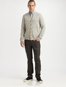 Handsomely striped cotton-knit cardigan with contrast buttons for a heritage-feel.ButtonfrontZippered slash pocketsRibbed cuffs and hemAbout 26½ from shoulder to hemCottonMachine washImported