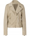 Favorite biker styling gets an ultra luxe redux in Faith Connexions pale taupe lambskin jacket, guaranteed to give your look a refined finish - Notched collar, long sleeves, zippered cuffs, asymmetrical zippered front, zippered slit pockets, buttoned epaulettes, quilted elbow and shoulder patches, cropped silhouette, fitted - Pair with favorite skinnies and platform pumps