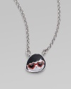 From the Miss Marc Collection. That smart, sassy, stylish face, with her heart-shaped shades and big smile, hangs from a bold chain. Enamel Brass Chain length, about 17 Pendant diameter, about ½ Spring ring clasp Imported