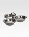 A trio of gleaming ceramic bowls united by a ring-shaped handle that makes transporting treats a breeze.Stoneware ceramicDishwasher safe9.5 X 4.5 X 4Imported