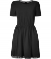 Perfect for taking pretty days into chic cocktails, Burberry Brits black silk dress is a wardrobe staple tailored to all-season sophistication - Rounded neckline, short sleeves, softly gathered shoulders, elasticized waistline, softly fitted top, full skirt, falls above the knee - Style with ballerinas or ankle boots for work, or platforms and chunky jewelry for evening