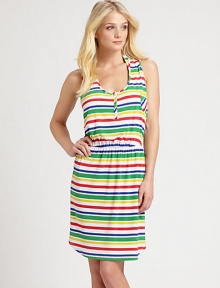 Vibrantly colored stripes add a playful touch to this comfy-chic coverup.Round neckSleevelessSnap frontElasticized waistRacerbackPull-on style92% polyester/8% spandexDry cleanImported