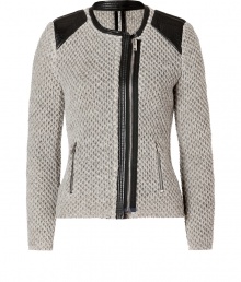 Lady-chic looks get an incredibly cool edge with Iros textural knit biker-style jacket, finished with luxe leather accents for that urbane feel - Rounded neckline, off-center front zip, leather shoulder patches and trim, zippered pockets, textural honeycomb knit - Slightly shorter, slim fit - Wear with everything from tees and leather leggings to pencil skirts and pumps