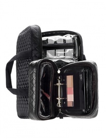 Whether it's an overnight stay or a long journey, organize your beauty in style. This quilted case contains a mini Planner, two clear velcro pouches with zipper closure and a side pocket for extra storage. Zip around closure Lined with an easy-to-clean material 9H X 13¼L X 3W