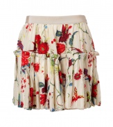 Bring romantic whimsy to your party-ready look with this lovely floral skirt from Roberto Cavalli - Banded waist, tiered full skirt with ruffle detail, mini length, concealed side zip closure - Style with a silk blouse, peep-toe heels, and a statement clutch