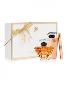 For the Holiday, TRESOR captures the spirit of eternal love. This collection combines the elegance of rose, muguet and lilac with the sparkle of peach and apricot blossom for an elegant and radiant fragrance. Gift Set Contains: Tresor 1 oz. Fragrance Spray, Tresor 3.4 oz. Body Lotion, Tresor 0.34 oz. Purse Spray. 