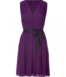 Add some ladylike loveliness to your party-ready look with this pleated silk dress from DKNY - V-neck, faux-wrap front, sleeveless, grosgrain bow self-tie belt, pleat-detailed fitted bodice, pleated full skirt, concealed side zip closure - Style with a slim trench and platform heels