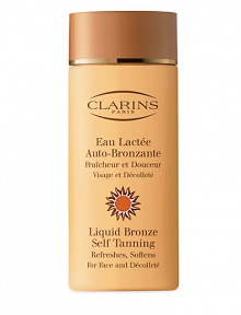 Liquid Bronze Self Tanning for Face and Decollete is as refreshing as water and gentle as milk. 4.2 oz.  · A fast, mistake-proof way to achieve a natural-looking tan  · Dries instantly with a perfectly matte finish  · Irresistible jasmine and violet fragrance  · Results within 2 hours 