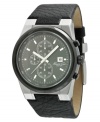 Great style is timeless. This Kenneth Cole New York watch features a croc-embossed black leather strap and round gunmetal ion-plated stainless steel case. Brass sunray gunmetal dial with stainless steel stick indices, logo, date window and three subdials. Quartz movement. Water resistant to 100 meters. Limited lifetime warranty.