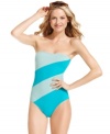 Diagonal stripes in a palette of blue hues create a cool look on Anne Cole's sizzling one-piece swimsuit. Wear it with or without the removable, adjustable halter strap.