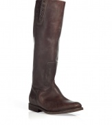 Stylish boots in dark brown leather - From the cool Italo label Golden Goose - Trendy vintage look - Modern interpreted classic and feminine version of a riding boot, comfortable, practical, rugged and absolutely wearable anytime around the clock - With round toe and straight, cut to the knee shaft - Broad 2 cm (.8) heel - Works with a dress, but also with slim trousers and skinny jeans