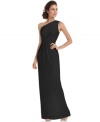 Calvin Klein's evening gown features minimal styling to let your own silhouette take center stage. A one-shoulder look and subtle gathered details at the bodice emphasize this stunning look.