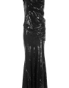 Luxurious evening gown in black polyester and spandex, all over black sequin embroidery - a highlight from the Donna Karan runway - elegant wrapped front - genius slimming effect - feminine cascade neck - figure hugging fit - easy to put on due to stretch content, even though it has no zipper - floor length and slightly flared skirt, agonal cut - a smashing greek statue style dress, perfect for the big events in life - wear with gold or silver jewelry, best with long earrings and strappy heels