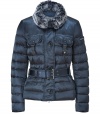 This bomber-inspired down jacket from Peuterey features a luxe fur collar and a flattering fitted silhouette - Large fur collar, concealed front zip closure with front button placket, long sleeves with zip cuffs, belted waist, flap pockets, slim fit, quilted - Wear with a cashmere pullover, skinny jeans, and shearling-lined boots