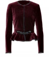 Take a modern stance on elegant evening attire with Emilio Puccis deep burgundy velvet jacket, finished with trend-favorite peplum trim for an exquisitely feminine finish - Collarless, long sleeves, sheer black trim, braided leather front sash closure, tailored fit - Team with high-waisted pencil skirts and statement sky-high heels