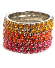 Infuse your look with citrus! A sweet splash of pink and orange rhinestones adorn Haskell's six bracelet set. Wear them solo or stack 'em high for a chic, cuff look. Set in silver tone mixed metal. Design stretches to fit wrist. Approximate length: 7-1/2 inches.