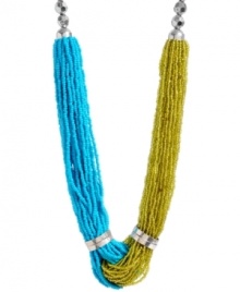 Colorblock chic. The vivid combination of turquoise and green seed beads on Haskell's standout frontal necklace make it a must-have addition for spring and summer. Set in silver-plated mixed metal. Approximate length: 20 inches + 3-inch extender. Approximate drop: 1-1/2 inches.