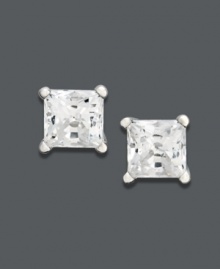 Traditional diamond studs with a unique twist. These stunning earrings highlight near colorless princess-cut diamonds (2 ct. t.w.) set in 14k white gold. Approximate diameter: 6-1/2 mm.