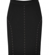 Flaunt your figure and you impeccable style in this grommet-detailed pencil skirt from Steffen Schraut - Wide waistband, pencil silhouette, seaming details with grommet embellishment, concealed back zip closure - Pair with a silk blouse, a fitted blazer, and platform heels