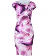 With its vivid dewy orchid print and radiant purple coloring, Roberto Cavallis ruched seam sheath is an ultra romantic take on the iconic Cavalli look - Asymmetrical neckline with textural gold-toned brooch detail, dolman capped sleeves, curved ruched side seam, pull-over style - Form-fitting - Wear with metallic pumps and a bright leather clutch