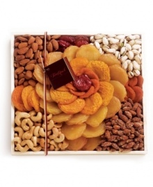 Surprise someone special with this Rose gift set exclusively from Torn Ranch. This collection features peaches, jumbo pears, jumbo almonds, jumbo cashews, smoky almonds, apricots, California colossal pistachios, and ruby red plums, all presented in a flower design in a natural wooden serving tray.