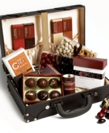 Ensure you're riding first class with this Executive Briefcase gift basket from Torn Ranch. This collection features jumbo cashews, California colossal pistachios, chocolate-covered cherries, one milk chocolate cappuccino bar, one dark chocolate bar, one milk chocolate bar, fruit ganache truffles, orange biscotti, cabernet chocolate-covered cherries and chocolate chip cookies for the ultimate snacking experience.