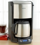 Make your coffee just as dependable (and far easier) than your alarm. This sleek, stainless steel coffee maker has all of the functions you need to start your day. With an aroma switch to extract the most flavor from a small amount of coffee, an advanced water filtration system that enhances that pure coffee flavor, and a vacuum thermal carafe that maintains flavor and heat longer. Fully programmable, with a 60 oz. water tank, a pause-and-serve feature, and a swing-out soft eject filter. Model #FMF514.