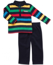 Bright stripes and soft features make this Carter's shirt and pant set a great outfitting option to keep him warm and comfy all day.