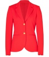 Perfect for dressing up workweek looks, Theorys bright red blazer is a sleek way to wear color - Notched lapel, long sleeves, zippered cuffs, buttoned front, front slit pockets, gold-toned buttons - Tailored fit - Wear over sheath dresses, or with slim fit separates and heels