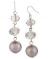 Good things come in threes. Kenneth Cole New York's triple drop earrings are crafted from silver-tone mixed metal with taupe glass pearls and cherry beads coming together for a stylish statement. Item comes packaged in a signature Kenneth Cole New York Gift Box. Approximate drop: 2-1/4 inches.