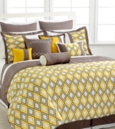 A whirlwind of style! Brighten up your room with this Vortex comforter set, boasting a modern diamond motif that casts a ray of sunny yellow color accented with a soothing gray hue. Shams, bedskirt, coverlet and a group of decorative pillows finish the look for a fresh perspective.