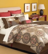 Eastern-inspired medallion designs pop with hints of vibrant red and metallic threads over sumptuous neutral colors. The Brick Lane comforter set from Martha Stewart Collection combines these lush colors with detailed embroidery and smooth ribbon trims upon accent pieces for a hint of feminine allure.