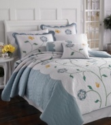 The Butterfly Meadow decorative pillow features a finely scalloped blue over white with a hint of metallic stitching. The perfect solution for breezy spring and summer nights, this decorative pillow adds lush comfort to the Butterfly Meadow quilt collection.