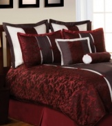 A stylish season. An intricate floral jacquard in rich burgundy accents the Autumn Blossom comforter set with refined elegance, while pleat details and decorative appliqués enhance the look with distinction. Also includes a solid bedskirt and coordinating decorative pillows to finish the ensemble with flair. (Clearance)