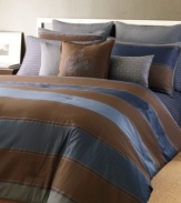 Ever luxurious in a satin jacquard stripe, the Saville Row comforter set from Sean John makes a sophisticated statement in tones of chocolate, sky and ocean blue. Embellished with ribbed details; reverses to solid.