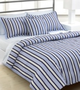 Fine blue and white stripes in pure 200-thread count cotton enhance this sheet set from Tommy Hilfiger for a classic appeal.