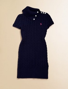 A stylish high collar and logo-detailed buttons at the shoulder stylishly update the classic cabled cotton dress.Ribbed turtleneckShort sleevesThree button closures along the left shoulderRibbed cuffs and hemCottonMachine washImported Please note: Number of buttons may vary depending on size ordered. 