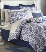 Feel the calming effect of ocean waves with this Nantucket comforter set, featuring a flourishing paisley pattern in soothing blue and white tones. Comes complete with printed shams and solid bedskirt and European shams. Two decorative pillows draw in nautical rope and seashell elements for the feel of a perfect beach bungalow.