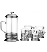 Calling all coffee lovers! Introduce your kitchen (and tastebuds) to a whole new brew with this five-piece French press set, a true treat for the coffee connoisseur. Great for giving and getting, the set includes a press and four matching cups for serving up splendidly robust cups of your best blend.