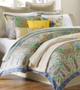 Pure white cotton sateen sheeting offers a harmonious look and feel to the Scarf Paisley comforter sets, featuring a decorative design along the cuff for a certain touch of eclectic style.