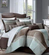 A cool classic. Traditional plaid gets a modern update with a palette that's meant for relaxation. Featuring a plaid jacquard comforter and matching shams, along with solid accents and five coordinating decorative pillows, the Norwalk comforter set gives your bed casual comfort with a fresh appeal.