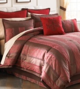 Bold red and brown stripes outlined with lace accents create a decidedly dramatic look in this jacquard woven Tilmont comforter set. Decorative pillows and European shams add an extra pop of red. Comes complete with bedskirt, sheet set and window treatments for a total room transformation.