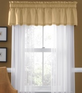 The Dune Blossoms window treatments from Martha Stewart Collection feature a classic gold pleated valance and smooth white sheers. When paired with the Dune Blossoms 24 piece room in a bag, the overall look is as calm and relaxing as drifting sand.