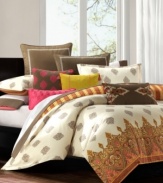 Taking inspiration from traditional Indian royal designs, Raja comforter sets from Echo create a warm and exotic appeal. The face of the comforter and shams feature an intricate pattern in a palette of orange, yellow and brown, and reverses to a stripe pattern in matching hues.