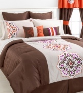 A modern twist on classic floral designs, the Aveline comforter set boasts bold, flourishing medallion emblems in a chic purple, brown and white colorway. Shams, decorative pillows and window treatments offer bright pops of orange. Comes complete with all the components you need for an inspired, new look in your bedroom.