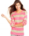 Snuggle up in Eyeshadow's long sleeve sweater! Sports thick stripes and the classic winter style you love.