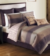 Luxurious textures and enticing earthy hues render supreme comfort in this Atwood comforter set, featuring ribbing details and quilted European shams. Two artistic decorative pillows tie together this elegant look. Comforter and shams reverse to a subtle stripe pattern with a grid overlay.