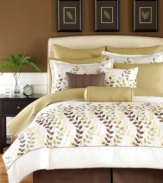 Create a nature-inspired oasis in your bedroom with this Oasis comforter set, featuring flowing rows of embroidered leaves in warm brown, green and yellow hues set on a clean white ground. Bedskirt, shams, coverlet and decorative pillows complete the set with coordinating color accents and added dimension for a look full of charm.